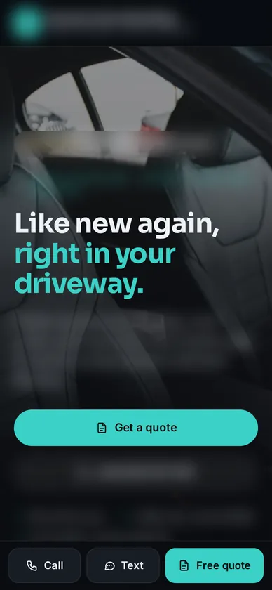 Homepage designed for a car detailer, shown on a phone, business name blurred