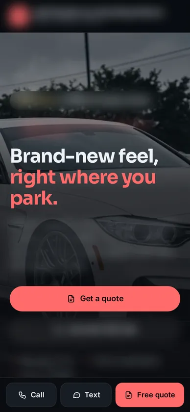 Homepage designed for a car detailer, shown on a phone, business name blurred