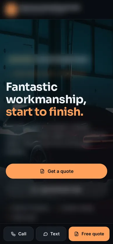 Homepage designed for a car detailer, shown on a phone, business name blurred